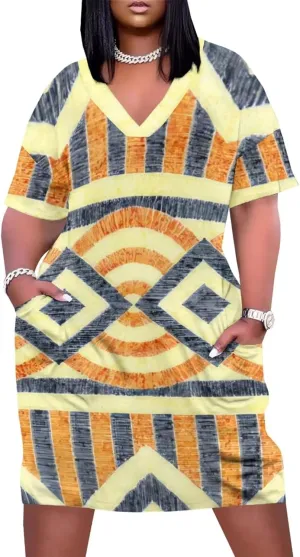 Plus Size Dress for Women Summer Casual African Print V Neck Short Sleeve with Pockets Loose Midi Dresses