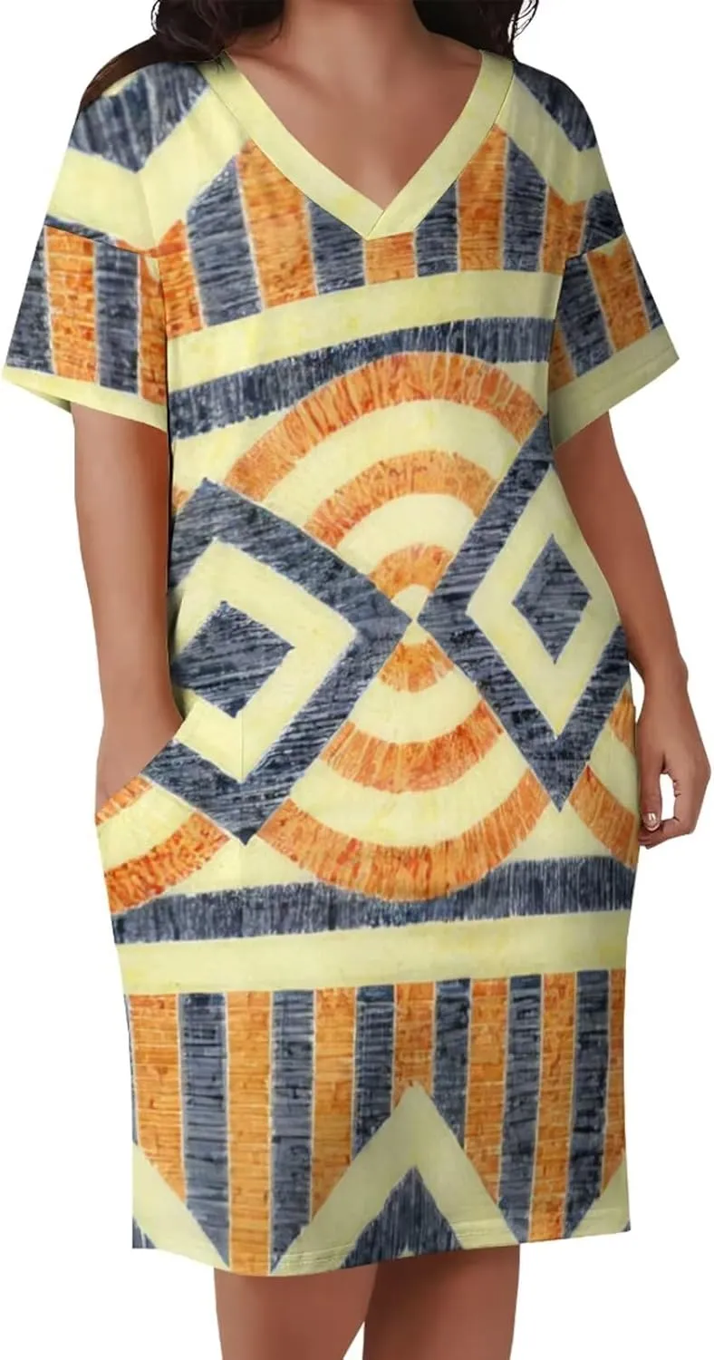 Plus Size Dress for Women Summer Casual African Print V Neck Short Sleeve with Pockets Loose Midi Dresses