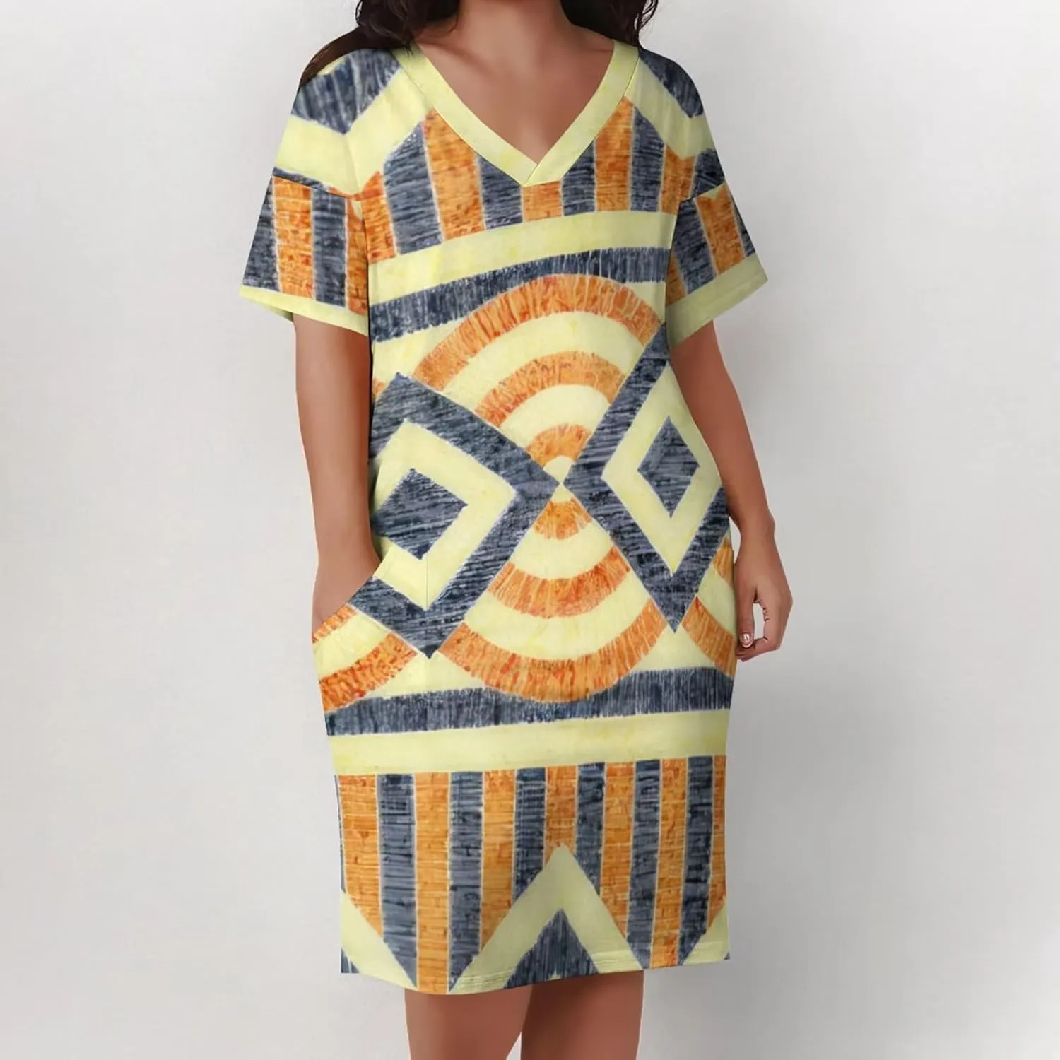 Plus Size Dress for Women Summer Casual African Print V Neck Short Sleeve with Pockets Loose Midi Dresses