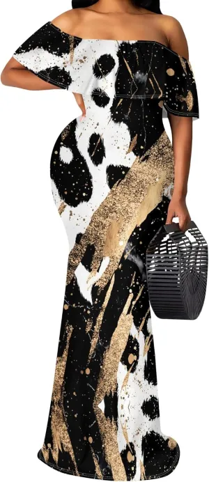 Plus Size Dresses for Curvy Women Off The Shoulder Ruffled Halter Back Long Club Party Cocktail Dress