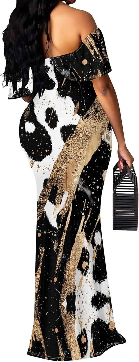 Plus Size Dresses for Curvy Women Off The Shoulder Ruffled Halter Back Long Club Party Cocktail Dress