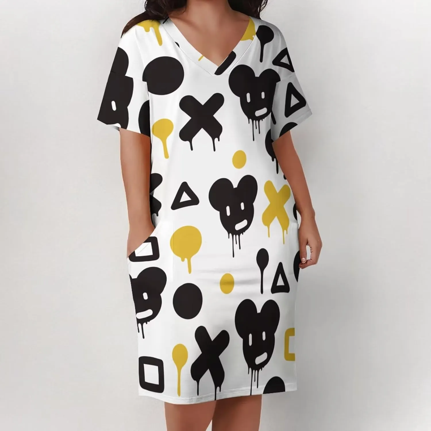 Plus Size Dresses for Curvy Women Summer Casual Graffiti V-Neck Short Sleeve with Pockets Loose A Line Midi Dress