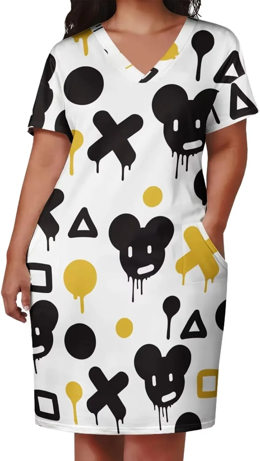 Plus Size Dresses for Curvy Women Summer Casual Graffiti V-Neck Short Sleeve with Pockets Loose A Line Midi Dress