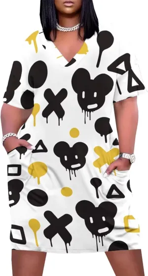 Plus Size Dresses for Curvy Women Summer Casual Graffiti V-Neck Short Sleeve with Pockets Loose A Line Midi Dress
