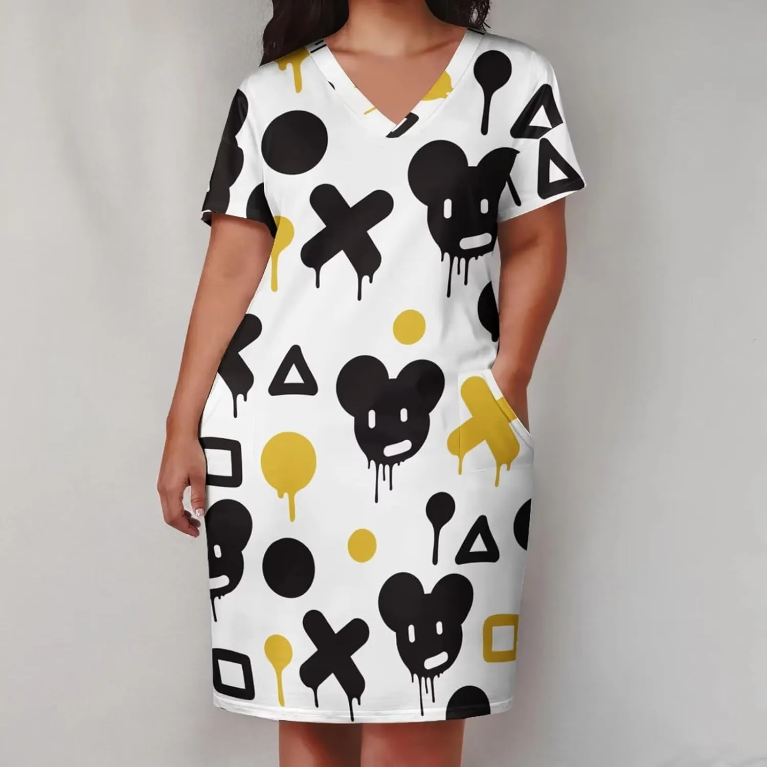 Plus Size Dresses for Curvy Women Summer Casual Graffiti V-Neck Short Sleeve with Pockets Loose A Line Midi Dress