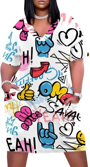 Plus Size Dresses for Curvy Women Summer Casual Graffiti V-Neck Short Sleeve with Pockets Loose A Line Midi Dress