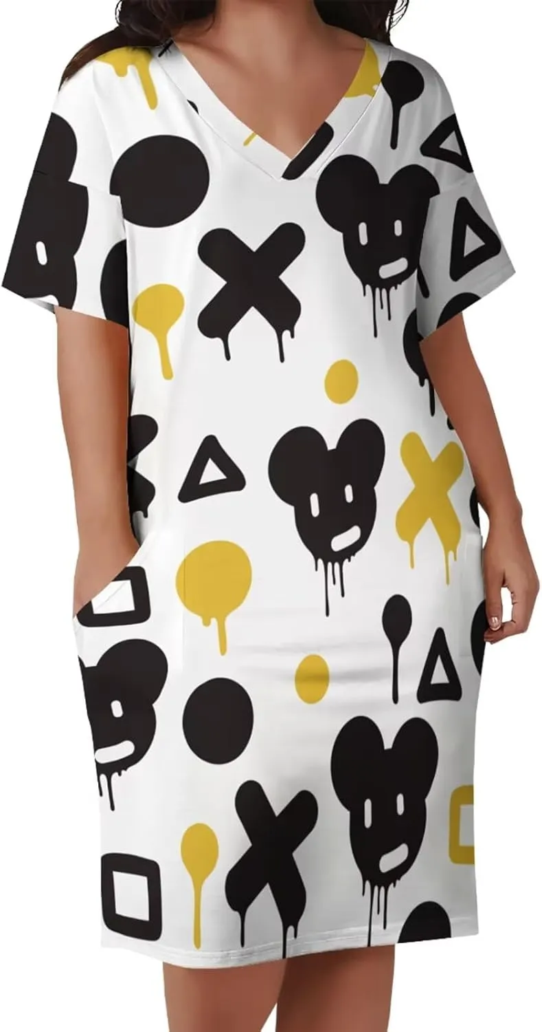 Plus Size Dresses for Curvy Women Summer Casual Graffiti V-Neck Short Sleeve with Pockets Loose A Line Midi Dress