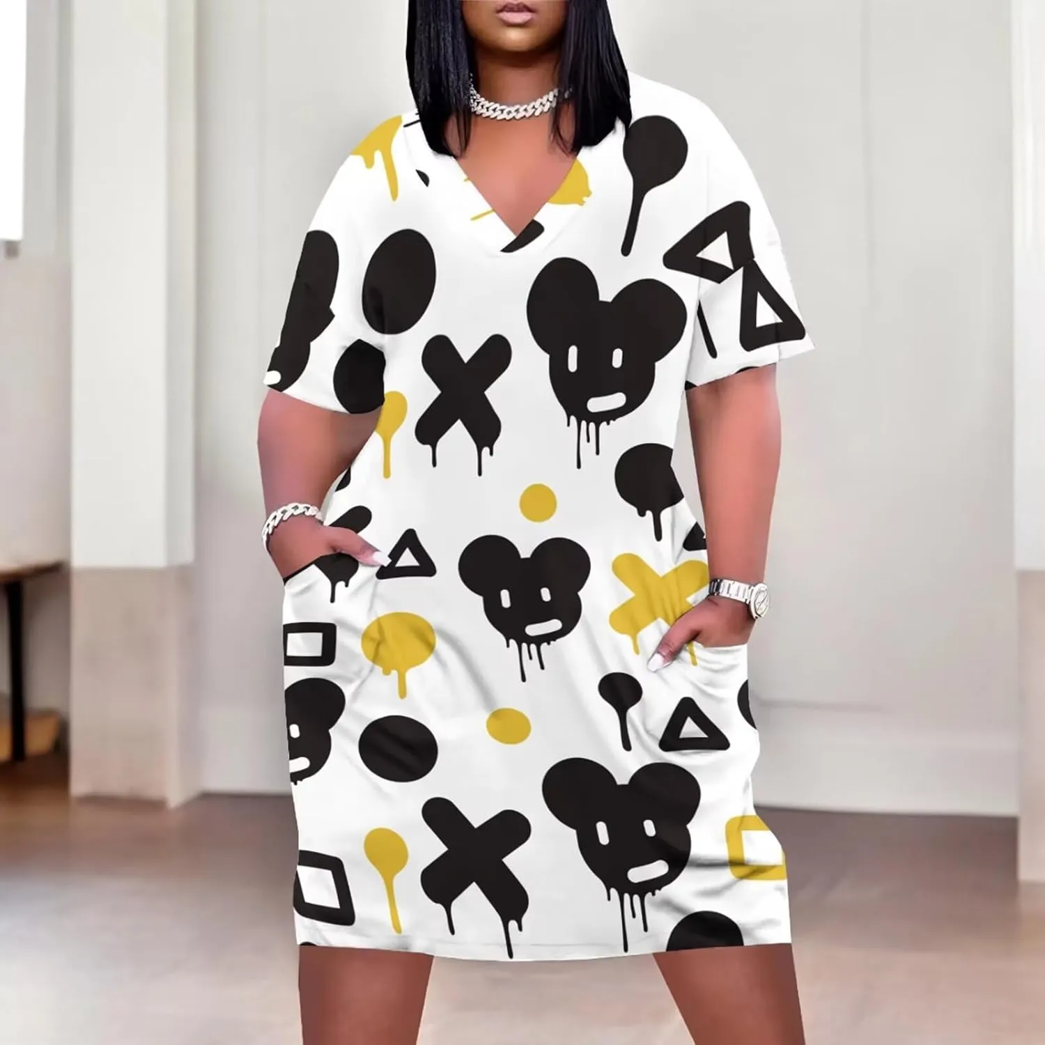 Plus Size Dresses for Curvy Women Summer Casual Graffiti V-Neck Short Sleeve with Pockets Loose A Line Midi Dress