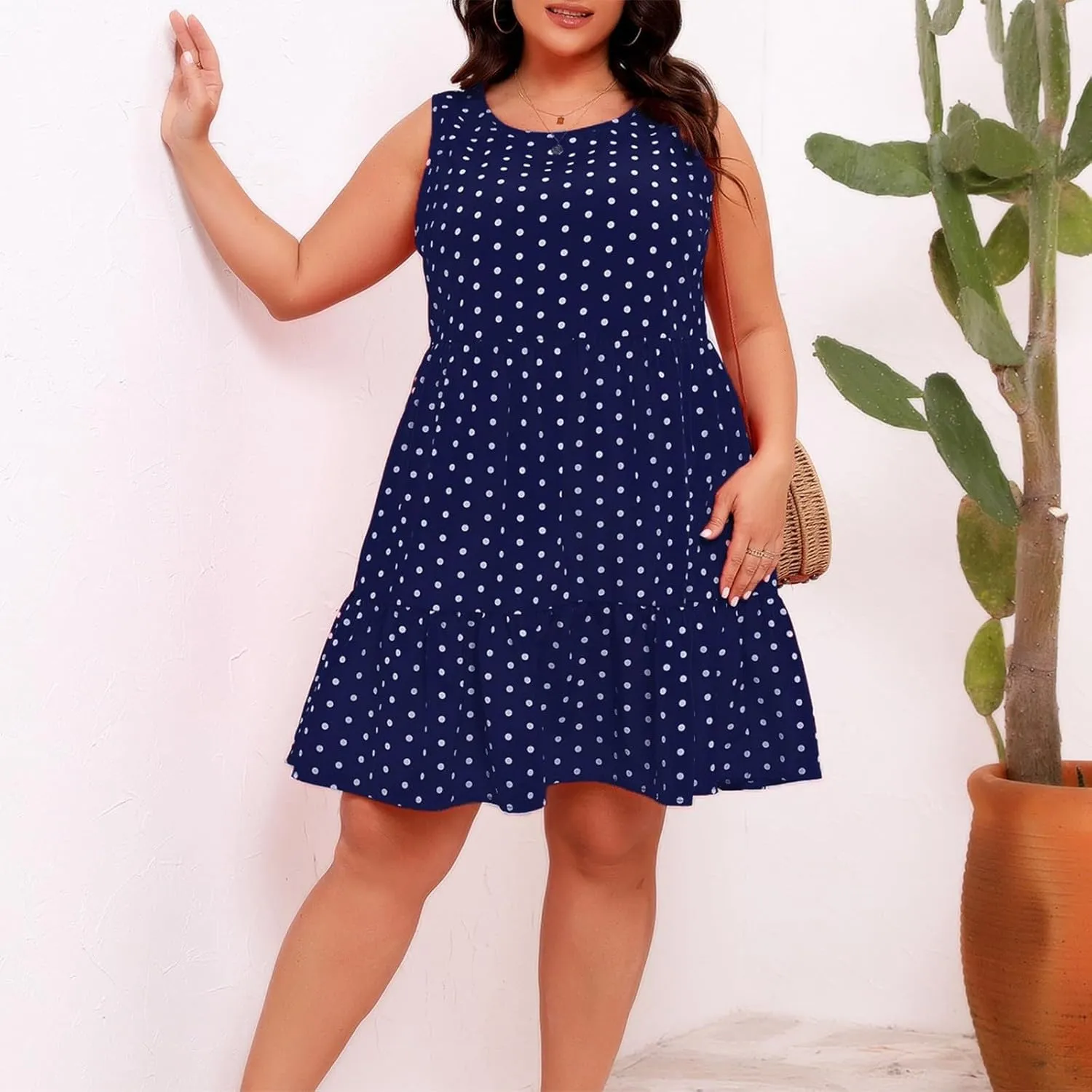 Plus Size Dresses for Women 2025 Polka Dot Casual Ruffle Smocked Dress Soft Round Neck Beach Vacation 1950'S Dresses