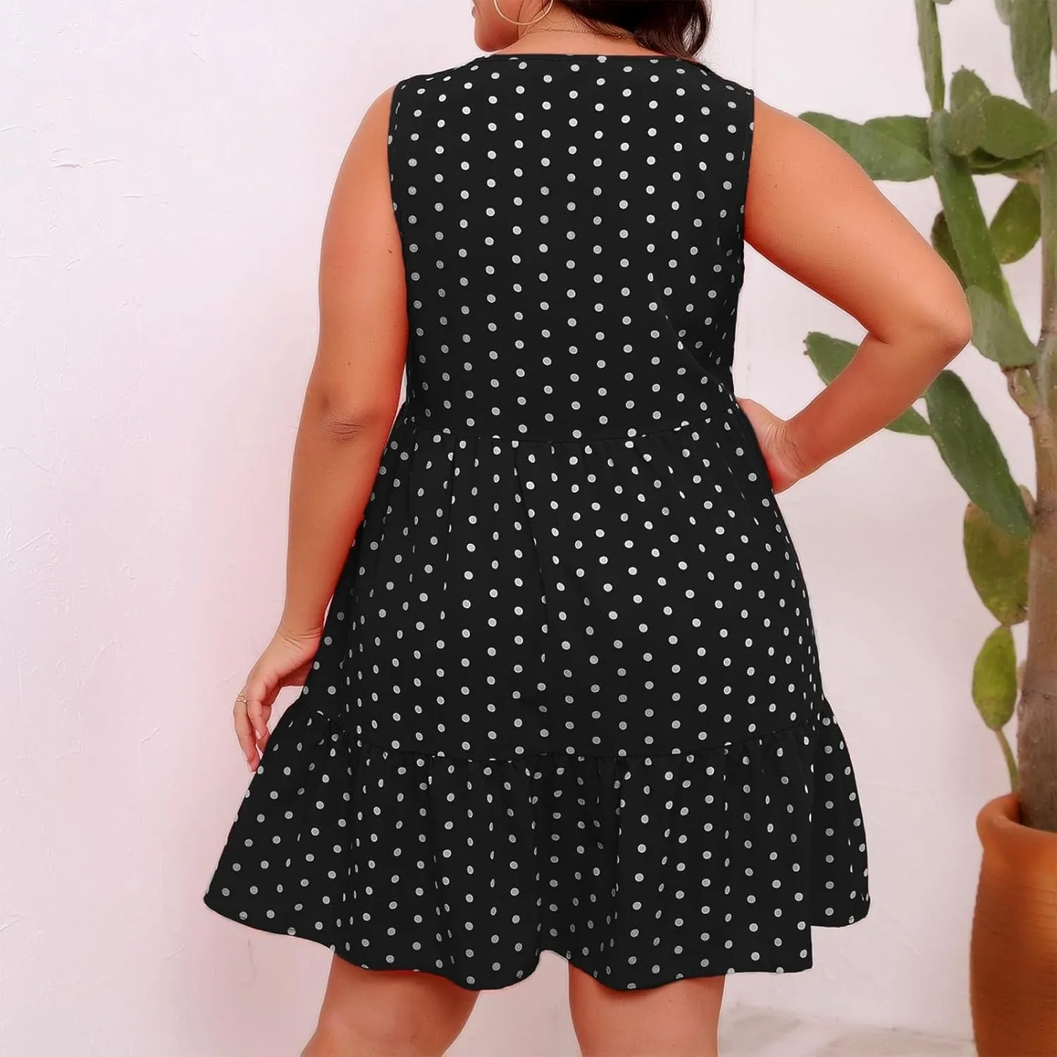 Plus Size Dresses for Women 2025 Polka Dot Casual Ruffle Smocked Dress Soft Round Neck Beach Vacation 1950'S Dresses