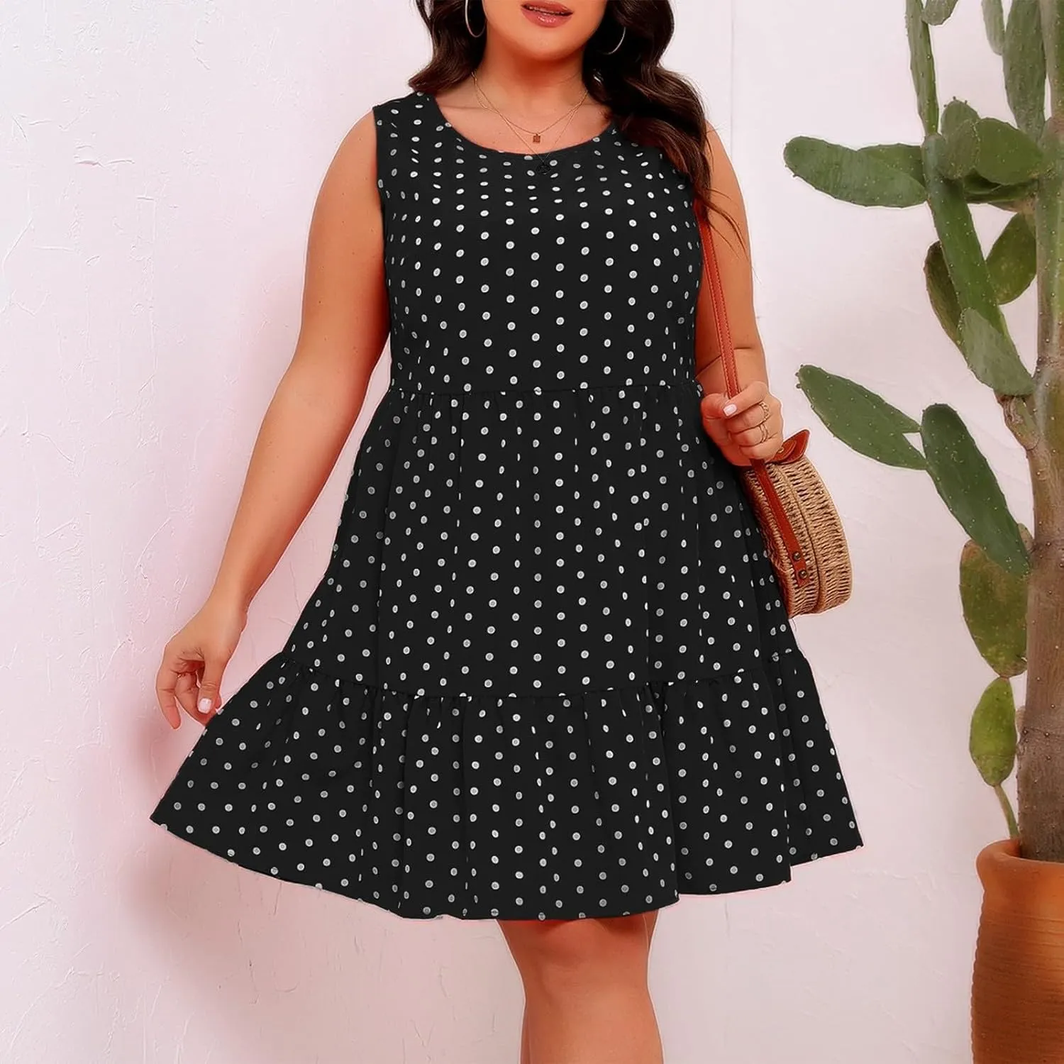 Plus Size Dresses for Women 2025 Polka Dot Casual Ruffle Smocked Dress Soft Round Neck Beach Vacation 1950'S Dresses