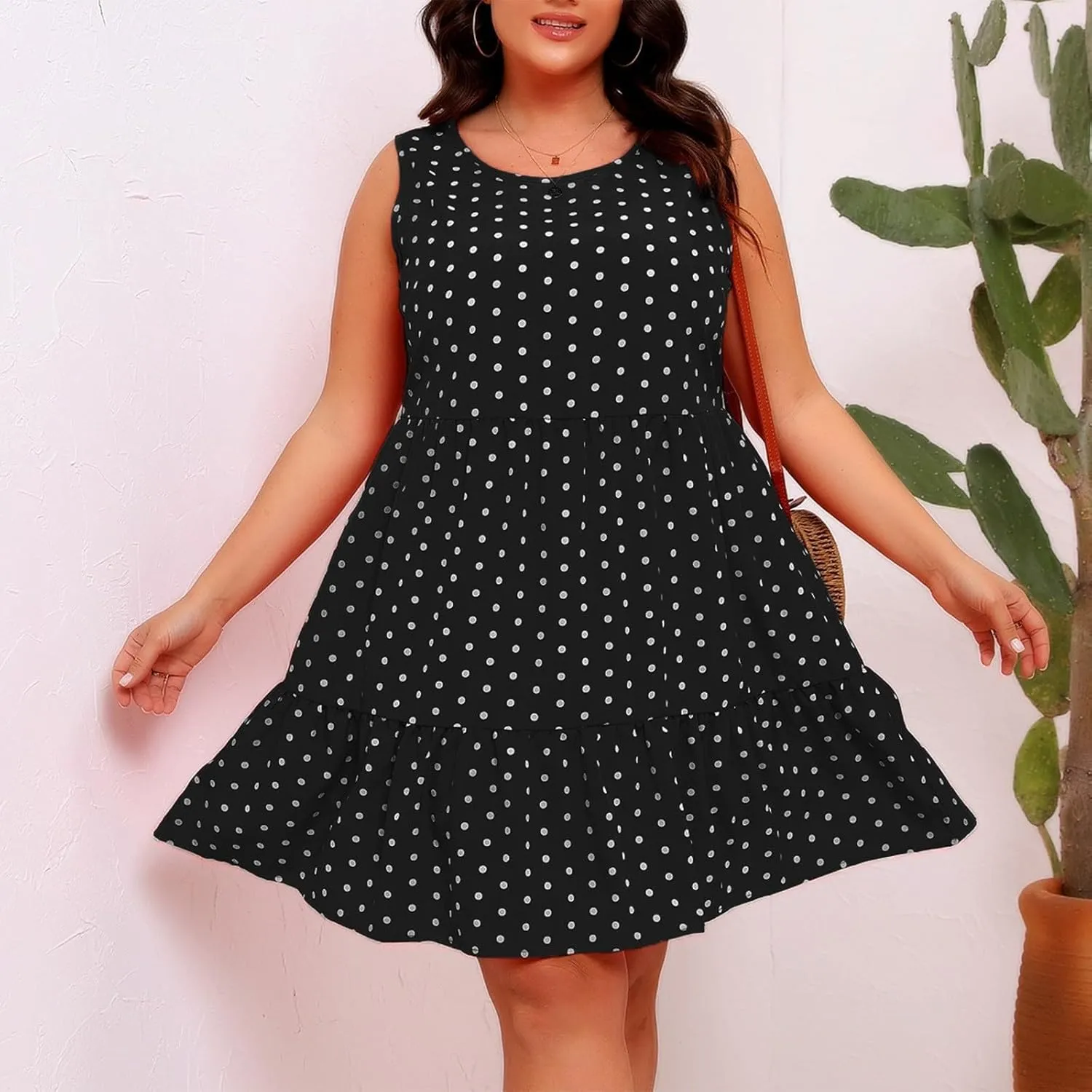 Plus Size Dresses for Women 2025 Polka Dot Casual Ruffle Smocked Dress Soft Round Neck Beach Vacation 1950'S Dresses