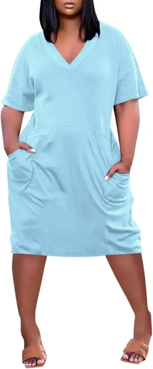 Plus Size Dresses for Women Oversized T Shirt Dress Loose Fit V Neck Short Sleeve Midi Dress Soft Cotton Nightgowns