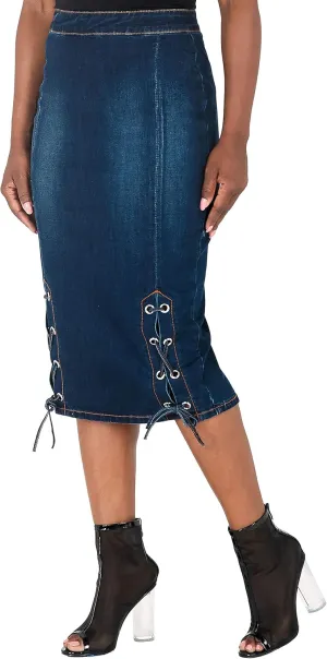 Poetic Justice Curvy Women's High Waist Lace-Up Double Split Denim Pencil Skirt