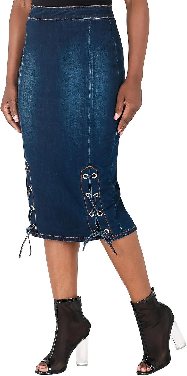 Poetic Justice Curvy Women's High Waist Lace-Up Double Split Denim Pencil Skirt
