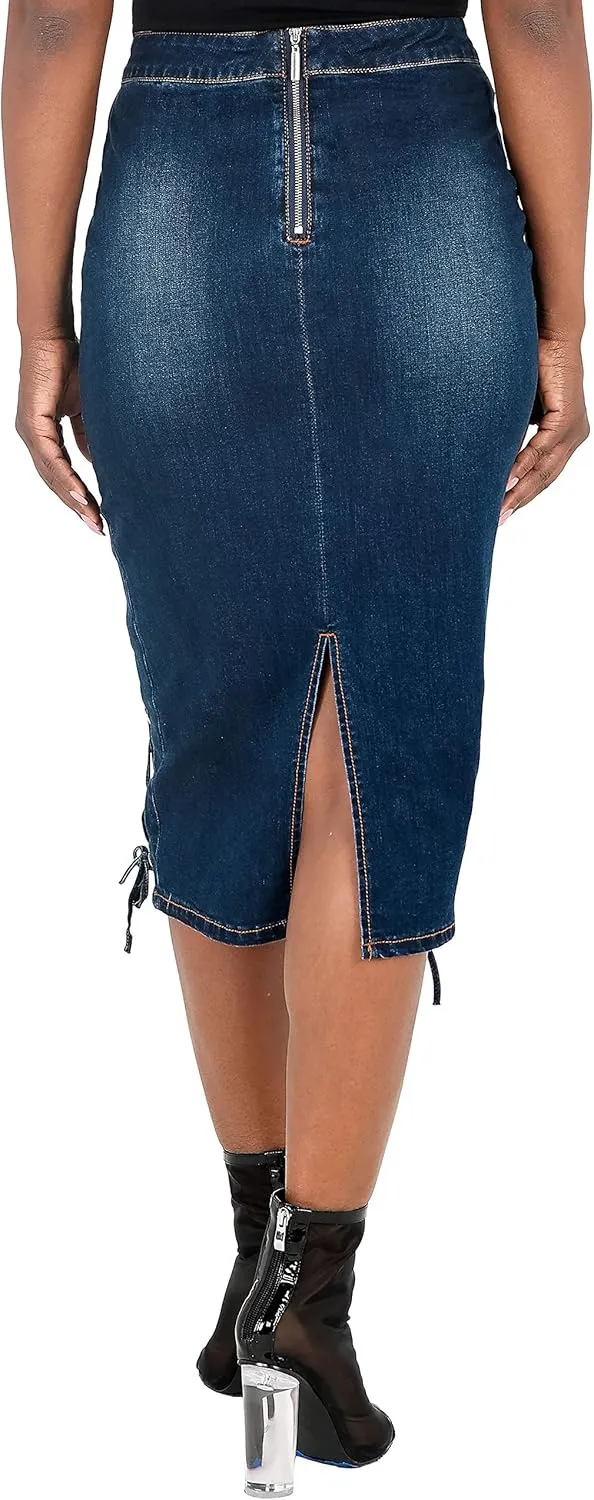 Poetic Justice Curvy Women's High Waist Lace-Up Double Split Denim Pencil Skirt
