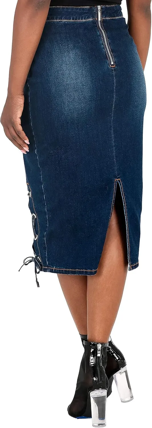 Poetic Justice Curvy Women's High Waist Lace-Up Double Split Denim Pencil Skirt