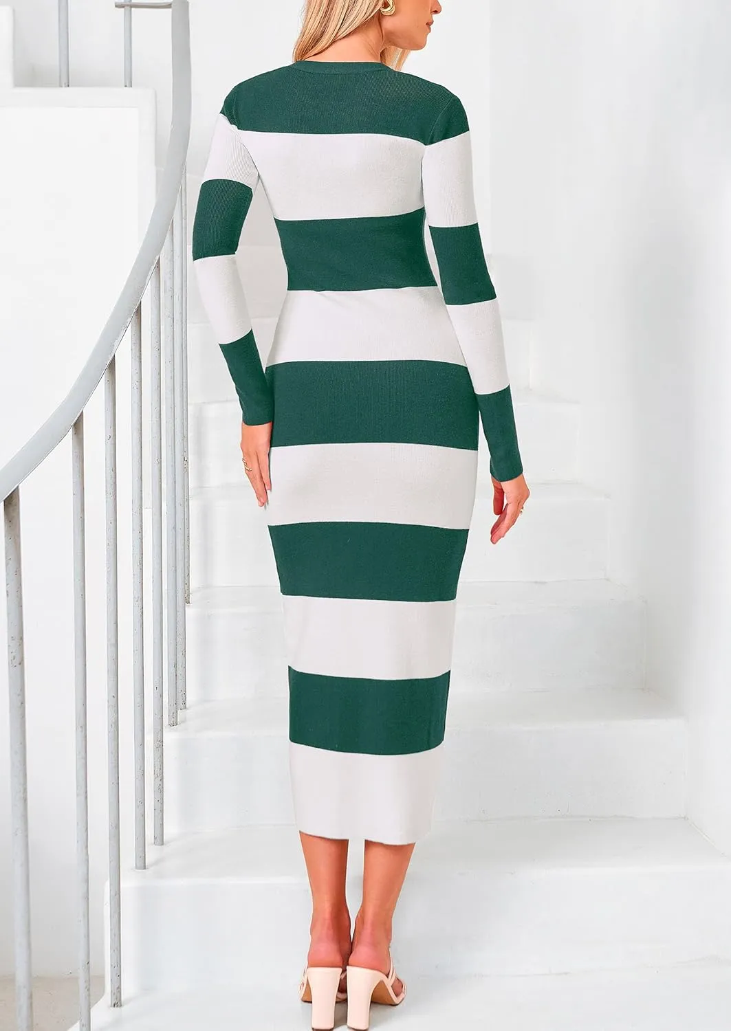 PRETTYGARDEN Women's Striped Sweater Dress Long Sleeve V Neck Button Down Knit Bodycon Maxi Dresses with Slit