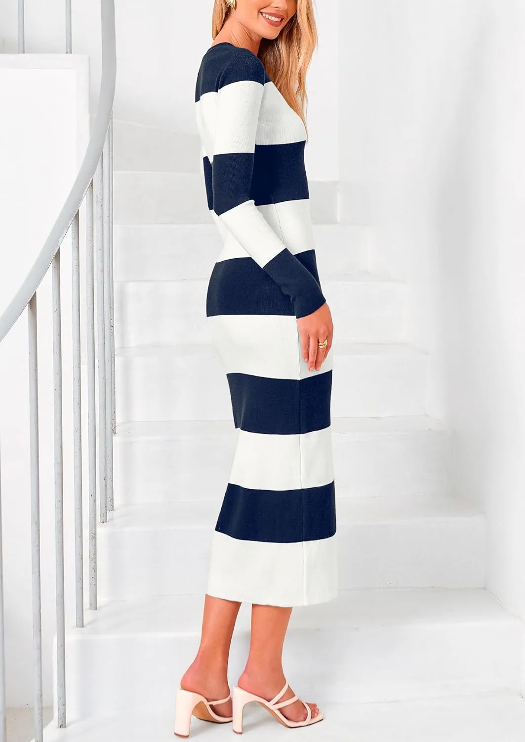 PRETTYGARDEN Women's Striped Sweater Dress Long Sleeve V Neck Button Down Knit Bodycon Maxi Dresses with Slit