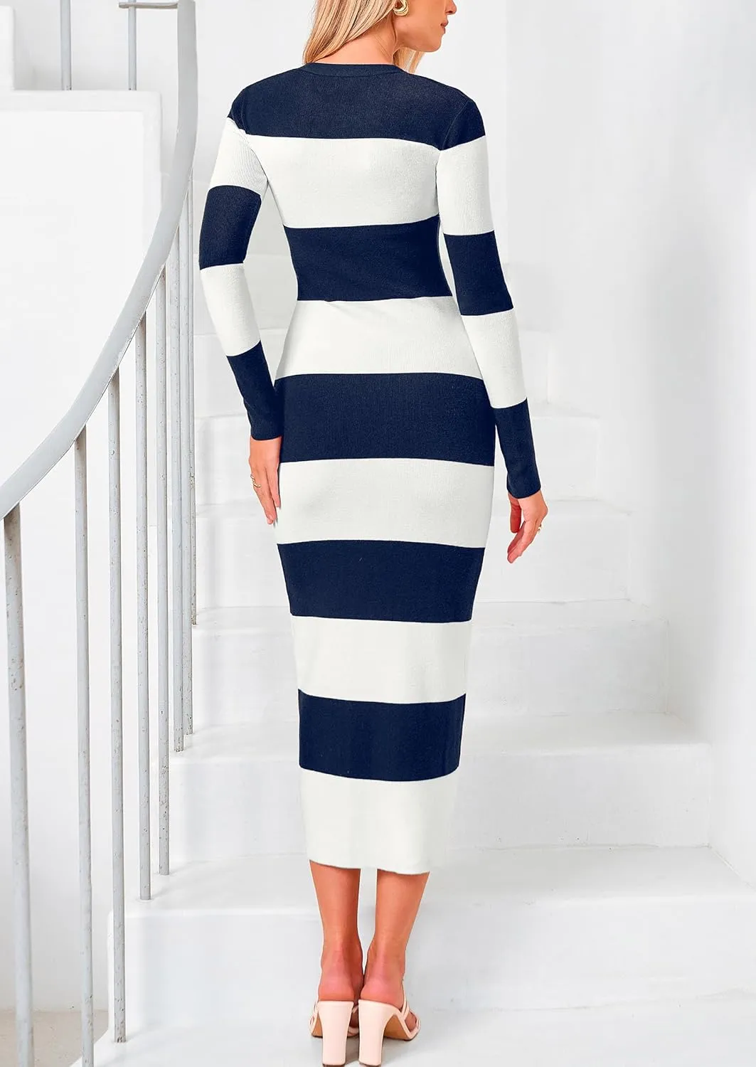 PRETTYGARDEN Women's Striped Sweater Dress Long Sleeve V Neck Button Down Knit Bodycon Maxi Dresses with Slit