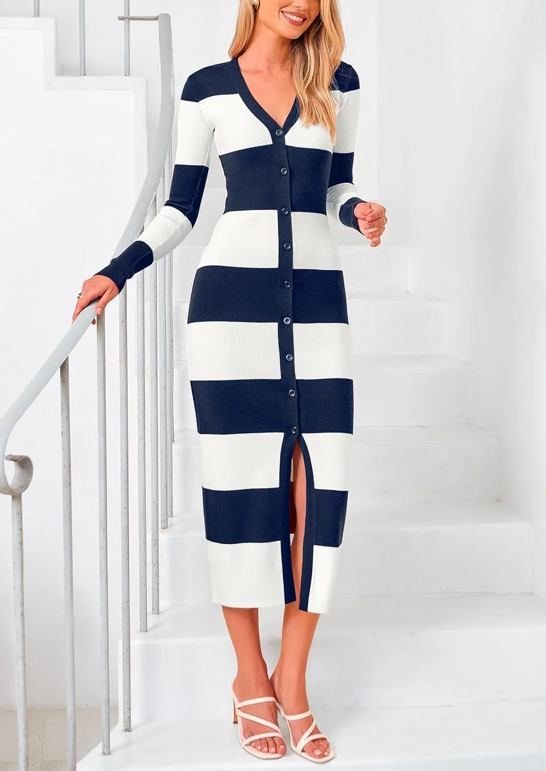 PRETTYGARDEN Women's Striped Sweater Dress Long Sleeve V Neck Button Down Knit Bodycon Maxi Dresses with Slit