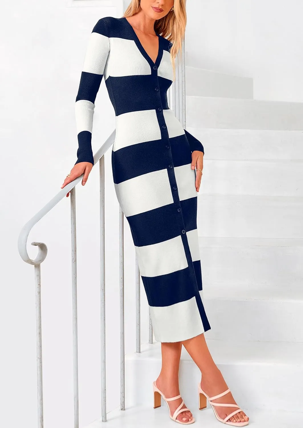 PRETTYGARDEN Women's Striped Sweater Dress Long Sleeve V Neck Button Down Knit Bodycon Maxi Dresses with Slit