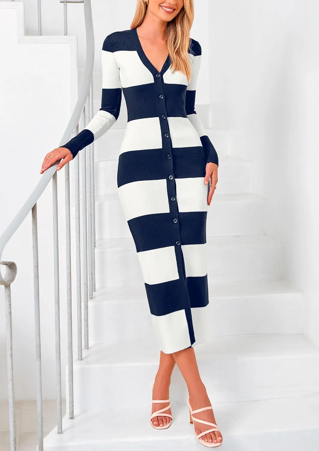 PRETTYGARDEN Women's Striped Sweater Dress Long Sleeve V Neck Button Down Knit Bodycon Maxi Dresses with Slit