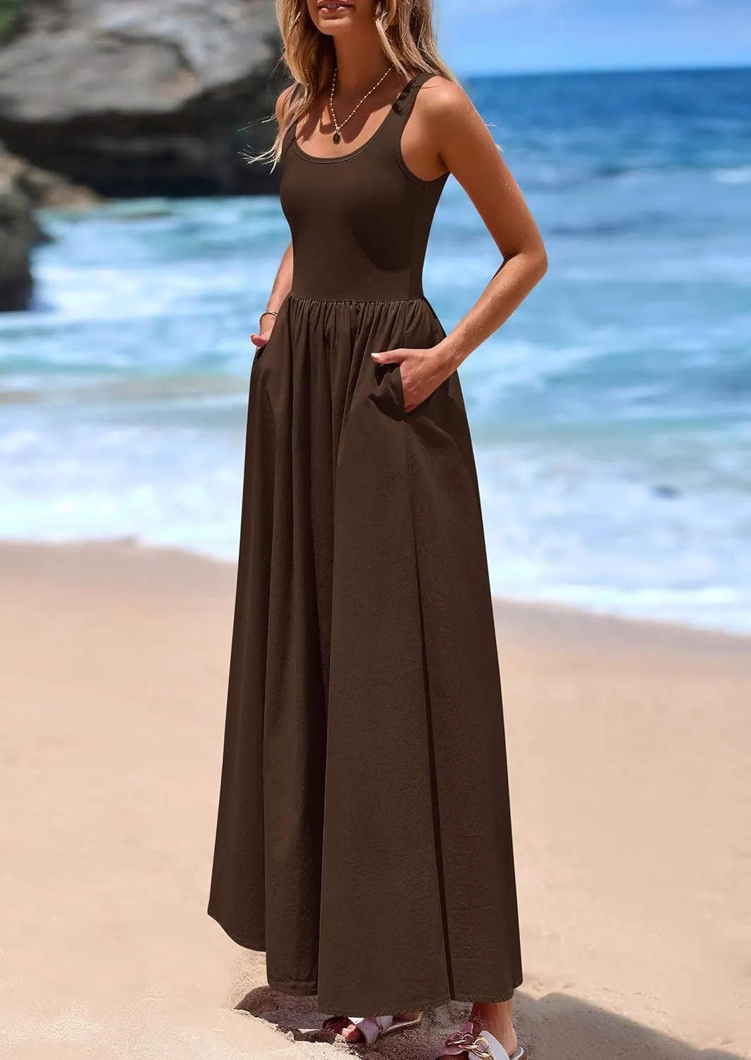 PRETTYGARDEN Womens Summer Casual Scoop Neck Sleeveless Long Dresses Tank Top Patchwork Aline Swing Maxi Dress with Pockets