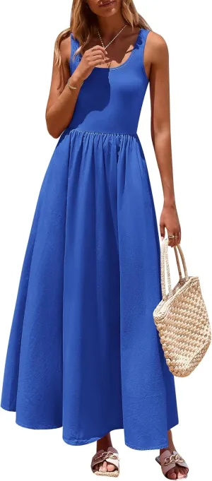 PRETTYGARDEN Womens Summer Casual Scoop Neck Sleeveless Long Dresses Tank Top Patchwork Aline Swing Maxi Dress with Pockets