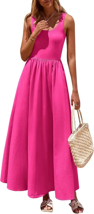 PRETTYGARDEN Womens Summer Casual Scoop Neck Sleeveless Long Dresses Tank Top Patchwork Aline Swing Maxi Dress with Pockets