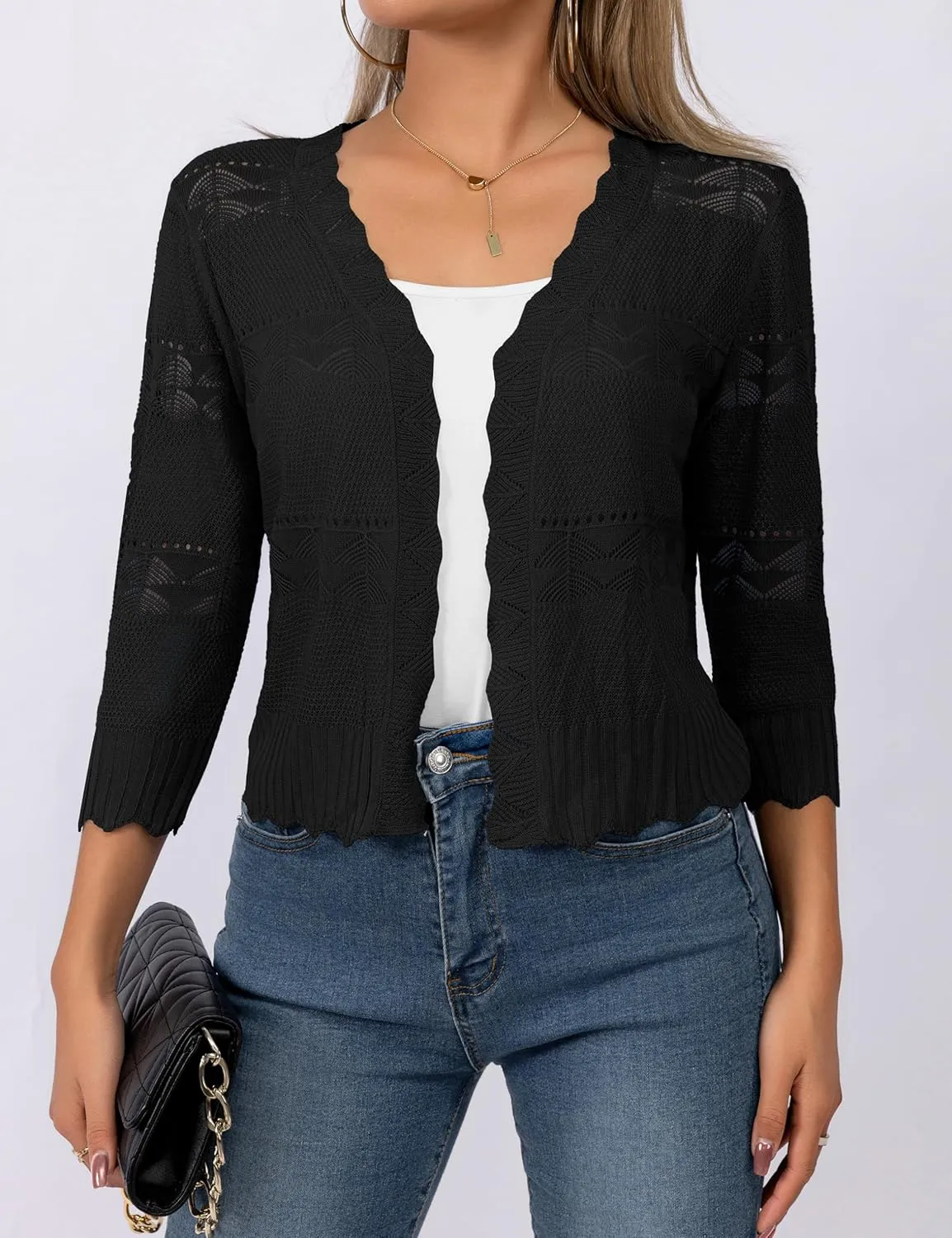REDHOTYPE Women's Cropped Cardigan Open Front 3/4 Sleeve Shrugs Summer Lightweight Cardigans Sweater for Women,Black,S