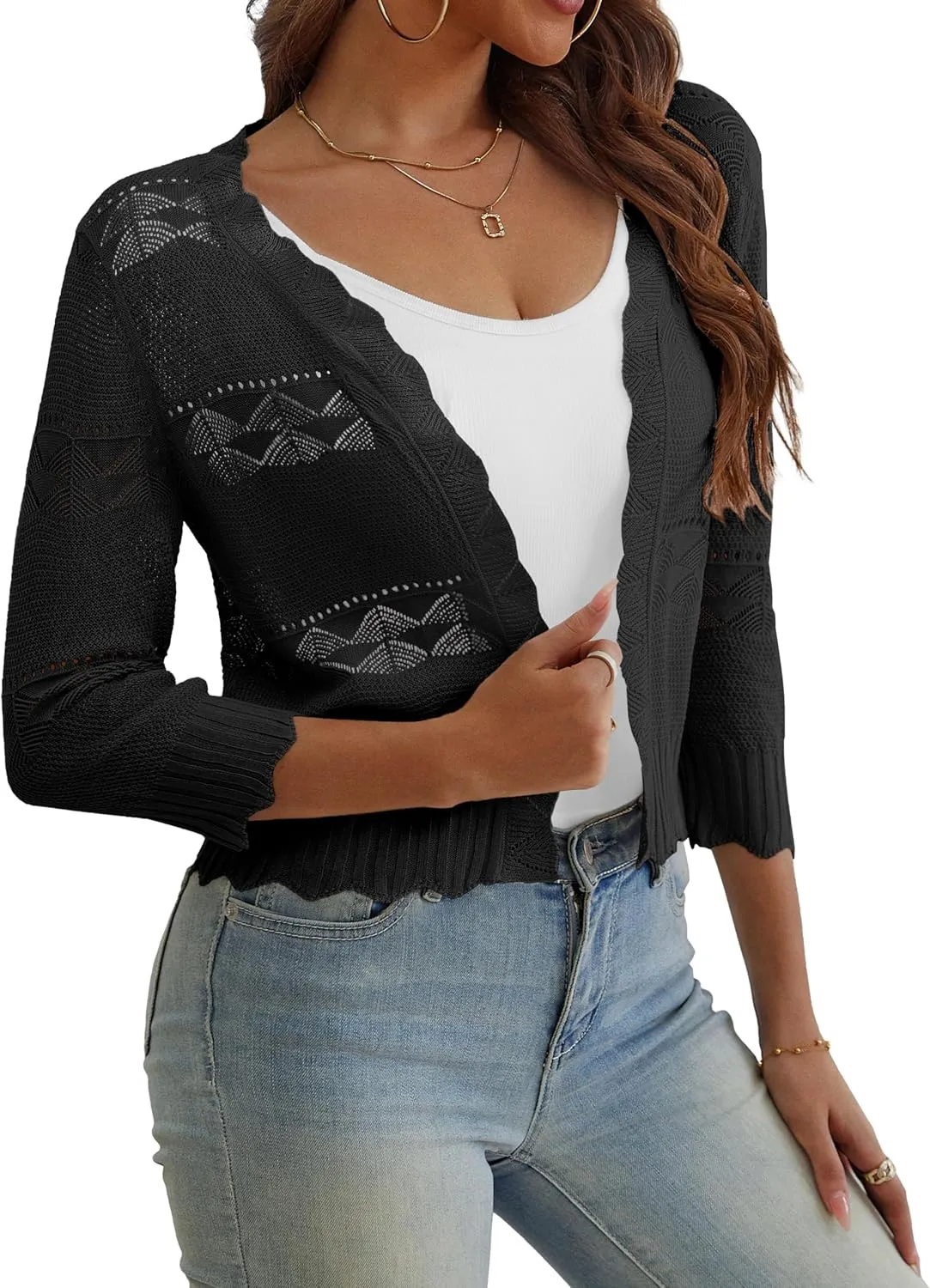REDHOTYPE Women's Cropped Cardigan Open Front 3/4 Sleeve Shrugs Summer Lightweight Cardigans Sweater for Women,Black,S