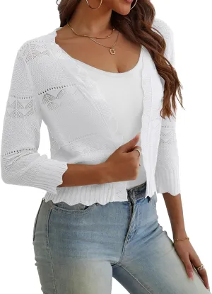 REDHOTYPE Women's Cropped Cardigan Open Front 3/4 Sleeve Shrugs Summer Lightweight Cardigans Sweater for Women,Black,S