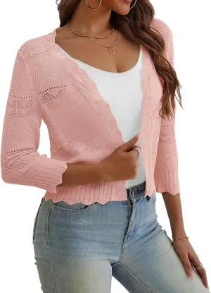REDHOTYPE Women's Cropped Cardigan Open Front 3/4 Sleeve Shrugs Summer Lightweight Cardigans Sweater for Women,Black,S