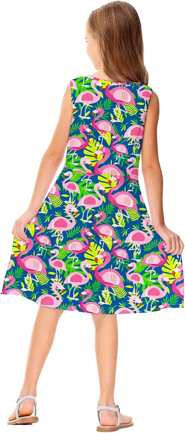 Remimi Girls Summer Sleeveless Dress Tropical Print Skater Twirly Dresses 3-14 Years