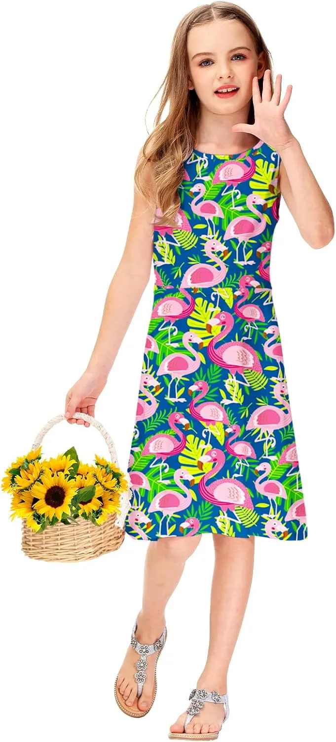 Remimi Girls Summer Sleeveless Dress Tropical Print Skater Twirly Dresses 3-14 Years