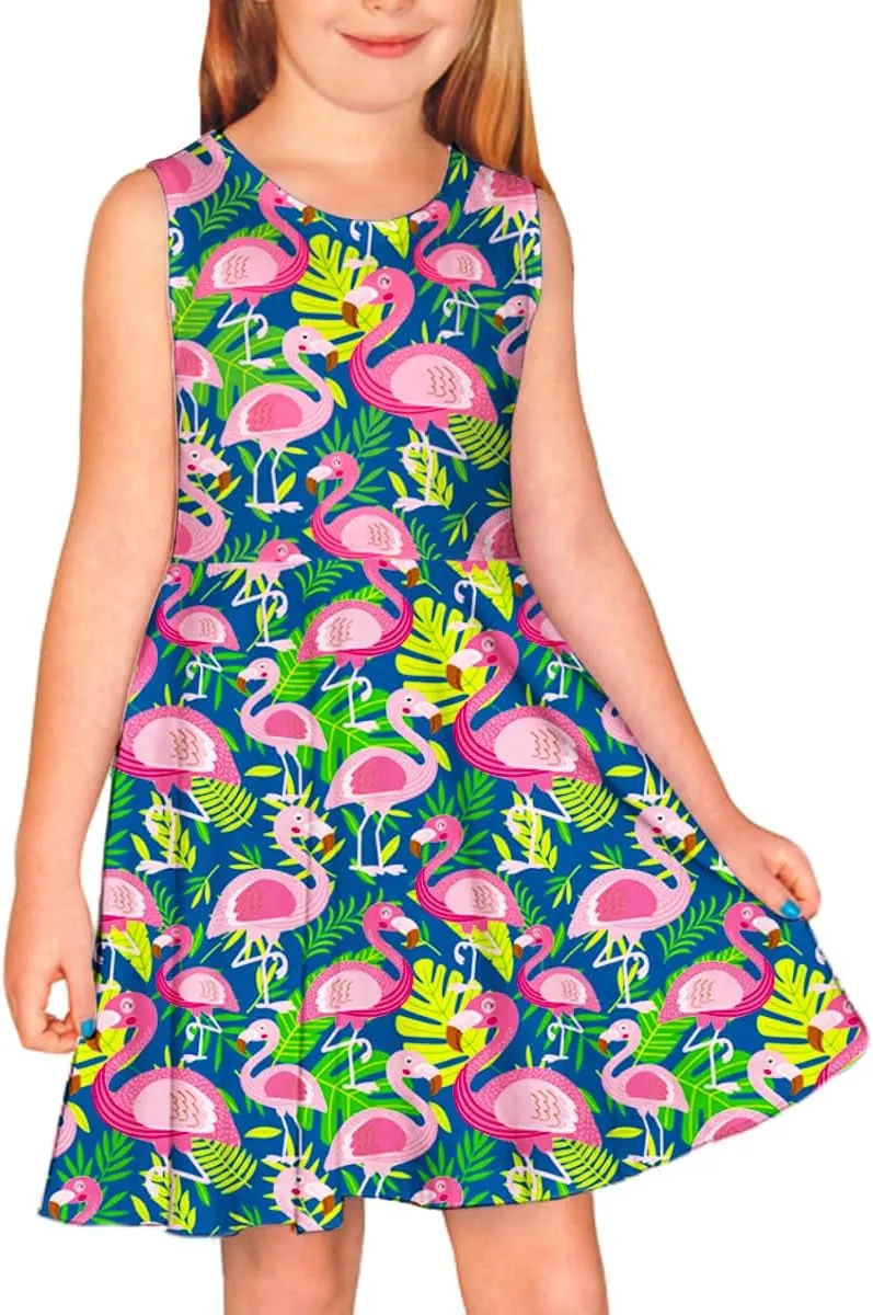 Remimi Girls Summer Sleeveless Dress Tropical Print Skater Twirly Dresses 3-14 Years