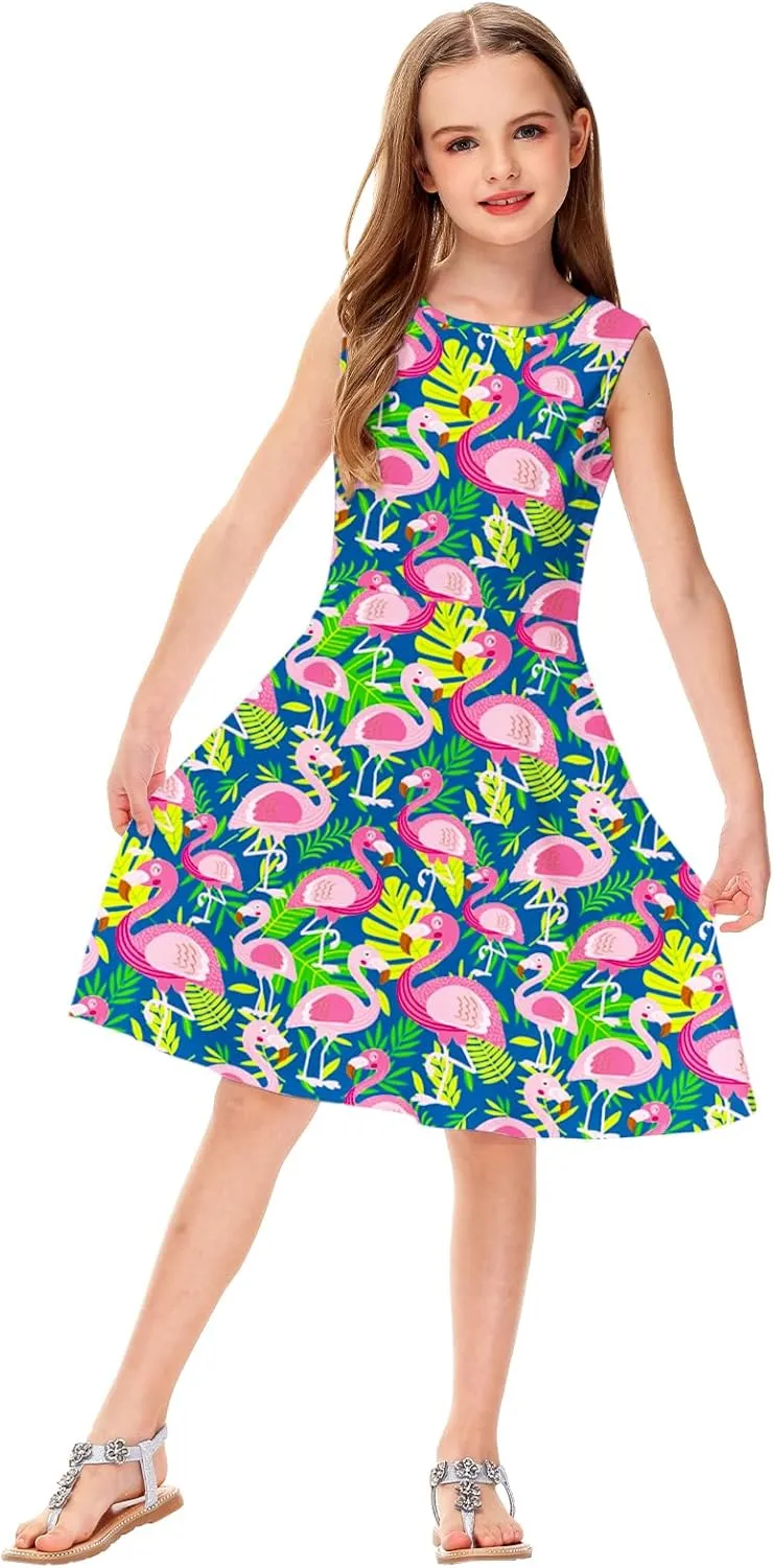 Remimi Girls Summer Sleeveless Dress Tropical Print Skater Twirly Dresses 3-14 Years