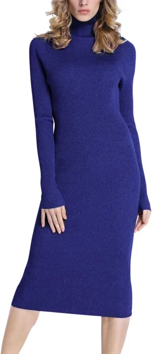 Rocorose Women's Turtleneck Ribbed Elbow Long Sleeve Knit Sweater Dress