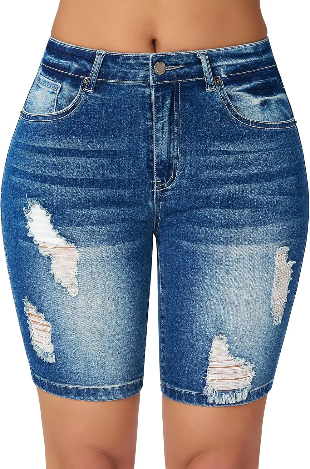 roswear Womens High Waisted Stretchy Denim Distressed Knee Length Bermuda Shorts