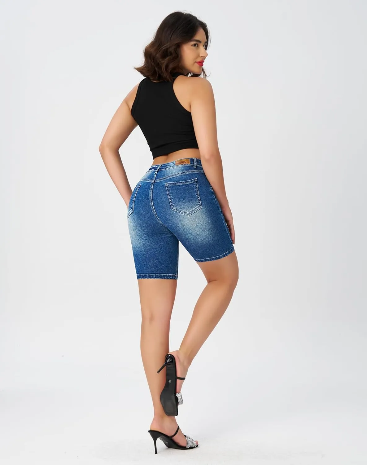 roswear Womens High Waisted Stretchy Denim Distressed Knee Length Bermuda Shorts