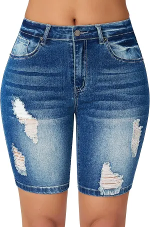 roswear Womens High Waisted Stretchy Denim Distressed Knee Length Bermuda Shorts