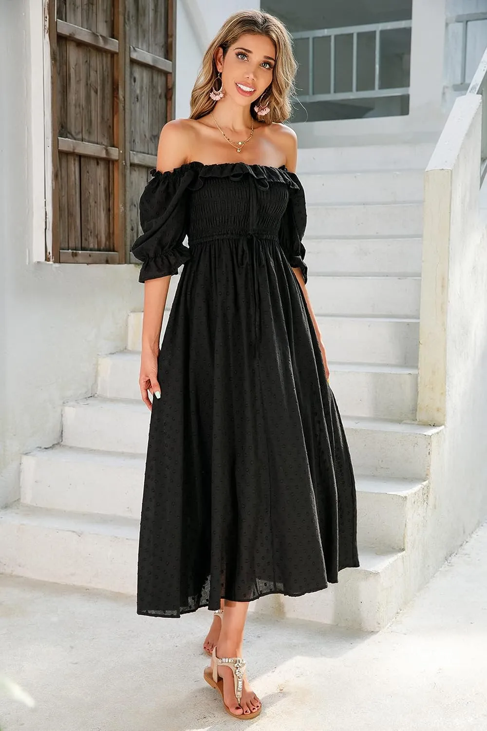 R.Vivimos Women Summer Half Sleeve Cotton Ruffled Vintage Elegant Backless A Line Flowy Long Dresses
