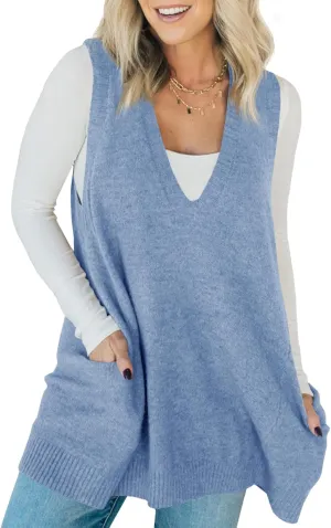 Saodimallsu Womens Sleeveless Sweater Vest V Neck Loose Knit Casual A Line Summer Flattering Tunic Top with Pockets Blue, Large