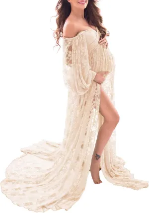 Saslax Soft Stretchy Lace Off Shoulder Doubly Split A-line Skirt Maternity Dress Pregnancy Maxi Gown for Photoshoot