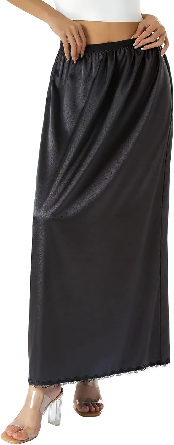 Satin Half Slip for Women Under Dresses Plus Size Solid Color Long Underskirt Lace Trim Elastic Waist Maxi Slip Skirt