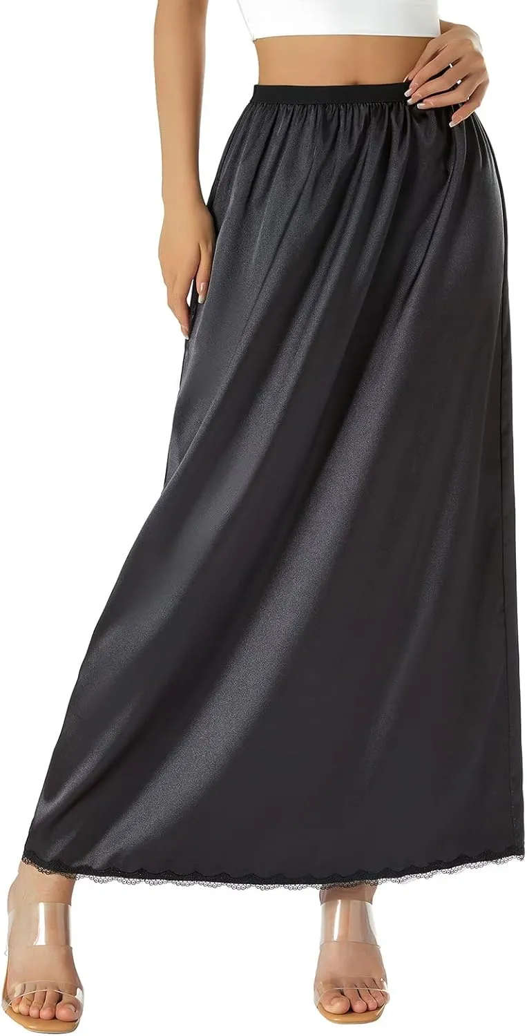 Satin Half Slip for Women Under Dresses Plus Size Solid Color Long Underskirt Lace Trim Elastic Waist Maxi Slip Skirt