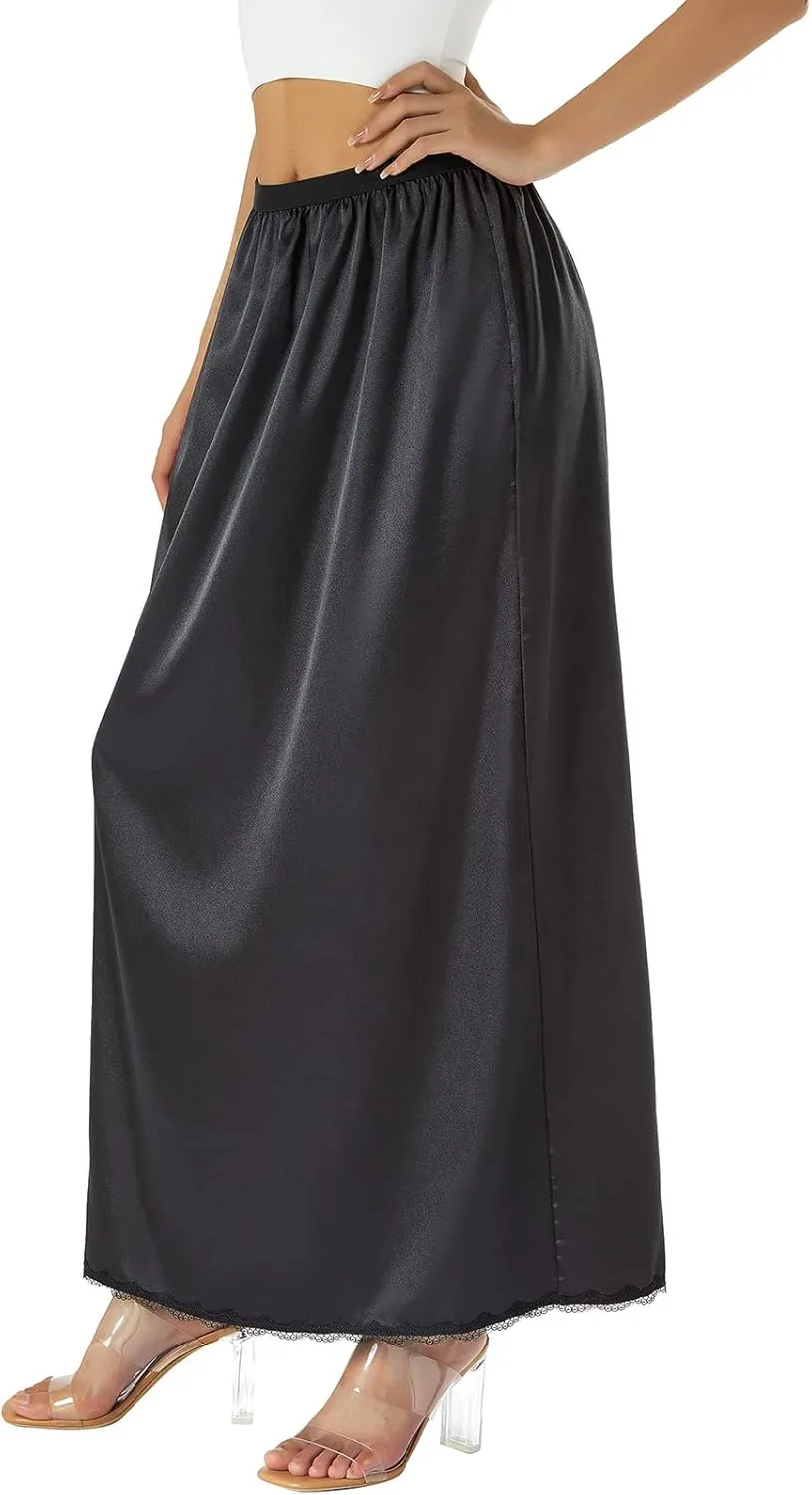 Satin Half Slip for Women Under Dresses Plus Size Solid Color Long Underskirt Lace Trim Elastic Waist Maxi Slip Skirt