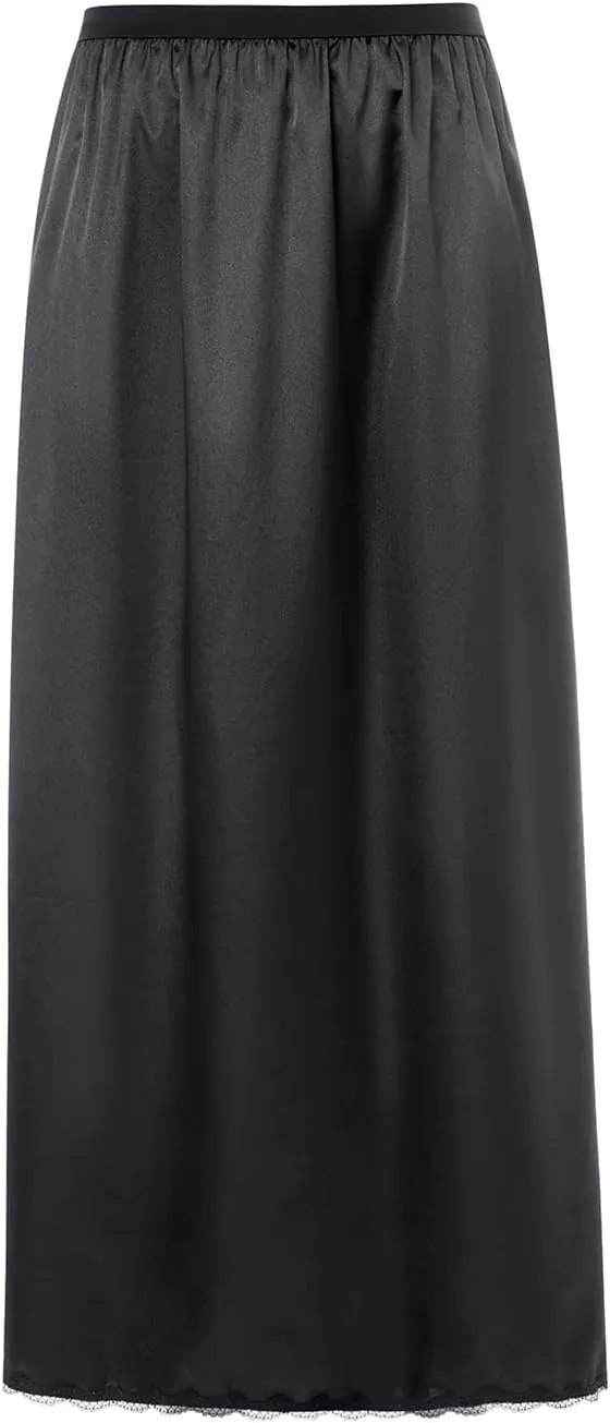 Satin Half Slip for Women Under Dresses Plus Size Solid Color Long Underskirt Lace Trim Elastic Waist Maxi Slip Skirt