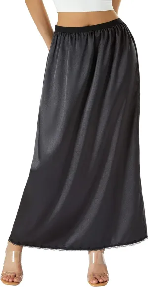 Satin Half Slip for Women Under Dresses Plus Size Solid Color Long Underskirt Lace Trim Elastic Waist Maxi Slip Skirt